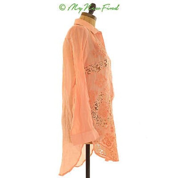 Amita Naithani Top Size XS Button Down Lace Mix Sheer Tunic Orange $148 B40 - Picture 2 of 4